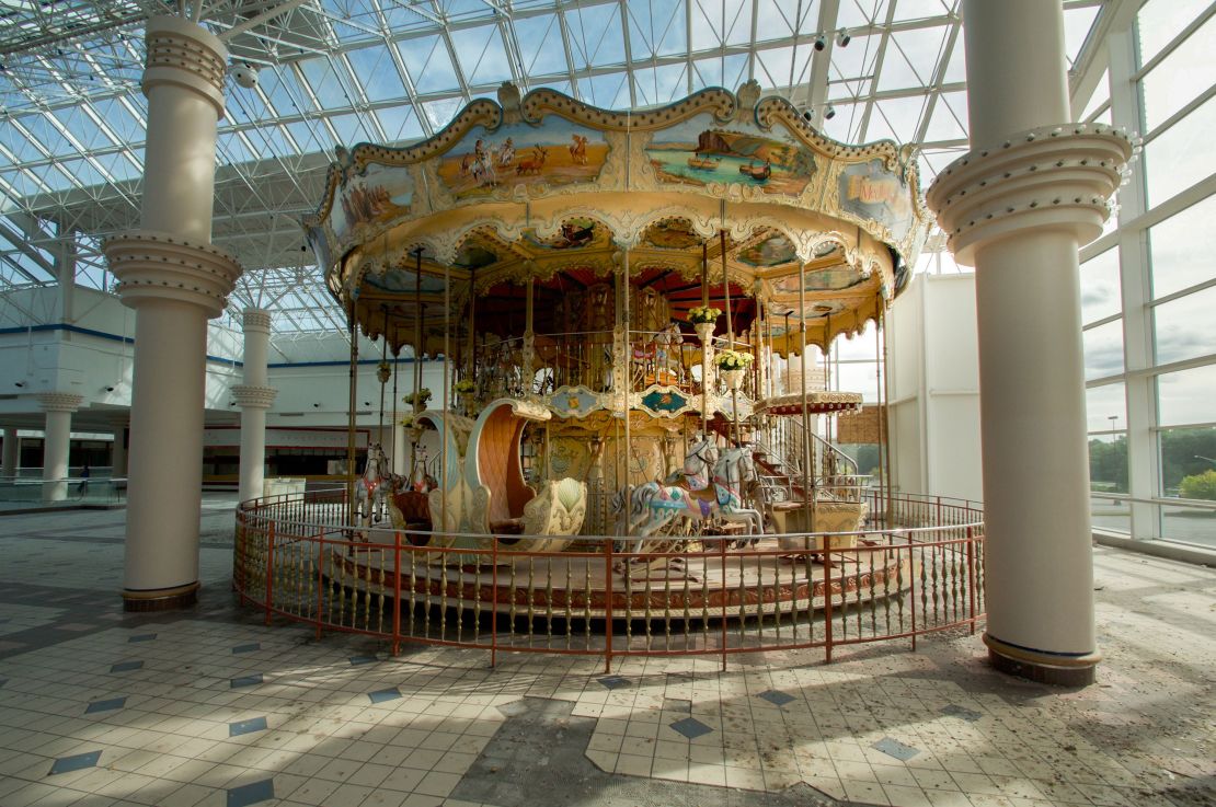 A disused merry-go-round at the shuttered Medley Center Mall in Irondequoit, a suburb of Rochester, New York.