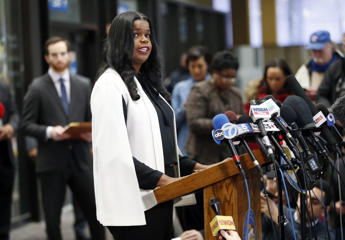 Kim Foxx speaks with reporters in February.