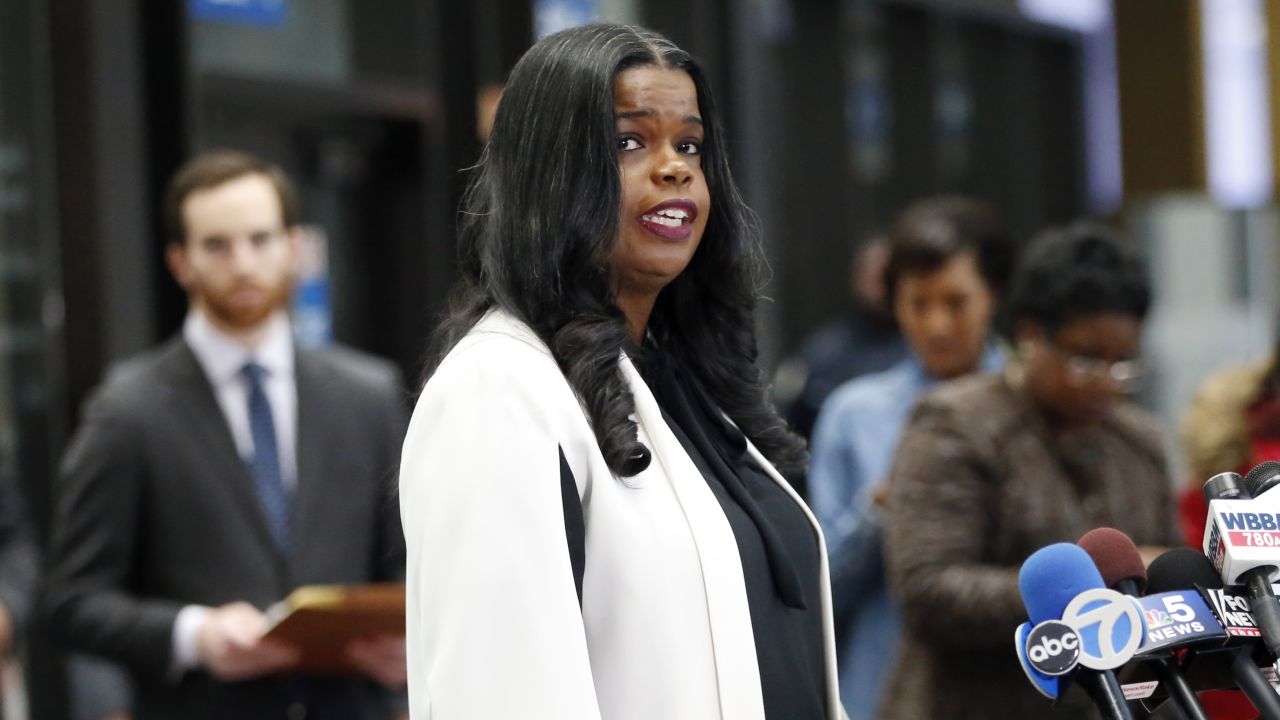 Kim Foxx speaks with reporters in February.