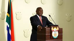 South African President Cyril Ramaphosa addresses the nation following a special cabinet meeting on matters relating to the COVID-19 epidemic at the Union Buildings in Pretoria, on March 15, 2020.