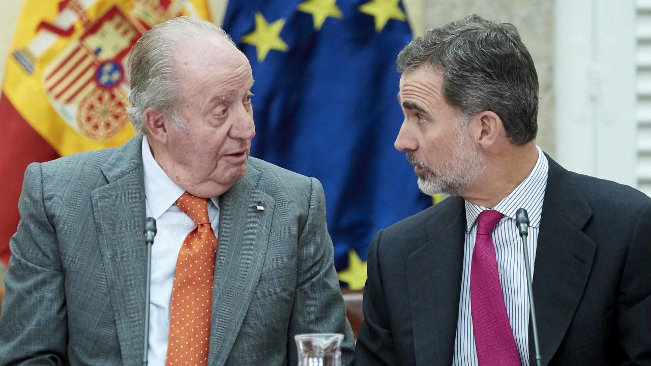 Juan Carlos of Spain and his son, King Felipe VI,  pictured here in May 2019 in Madrid