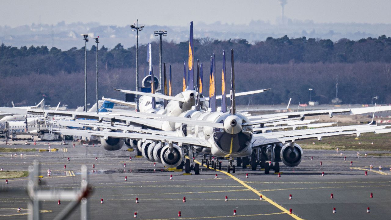  Lufthansa aircraft pictured parked up at Frankfurt Airport on March 15. 