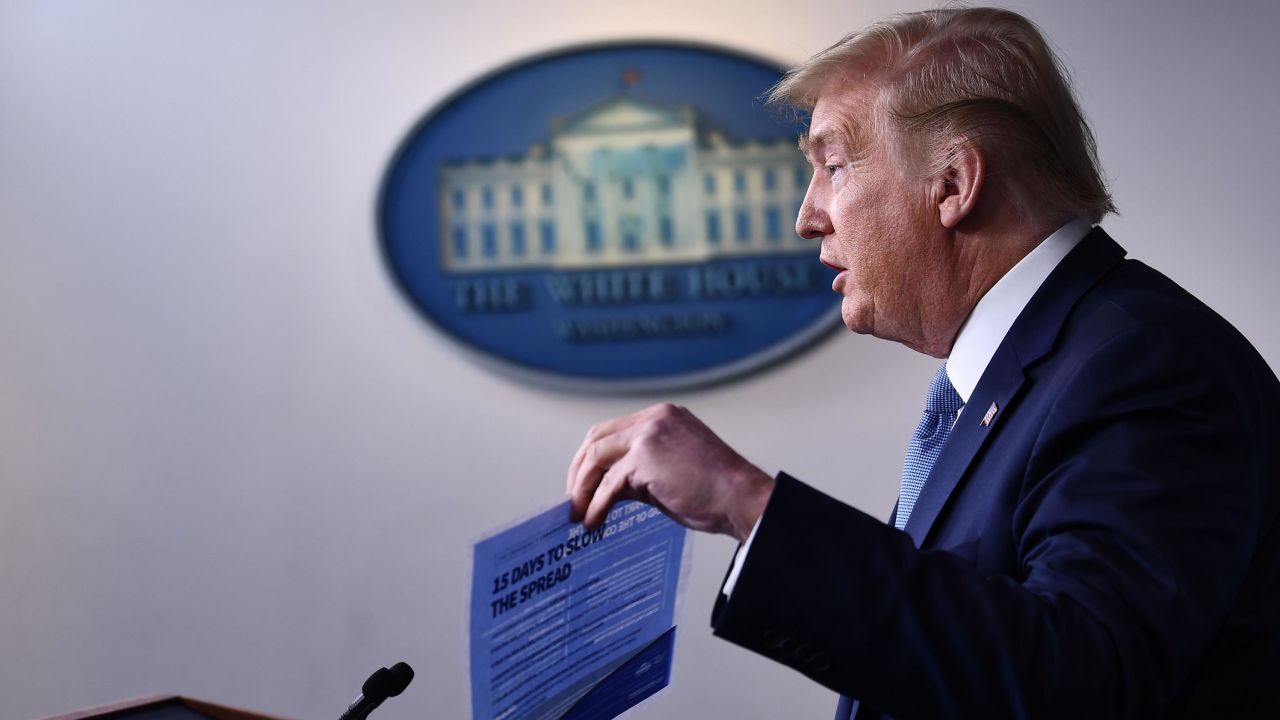 US President Donald Trump speaks during a press briefing at the White House in Washington, DC, on March 16, 2020.