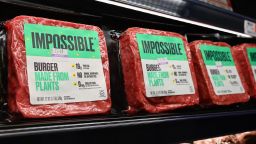 "Impossible Foods" burgers made from plant-based substitutes for meat products sit on a shelf for sale on November 15, 2019 in New York City. 