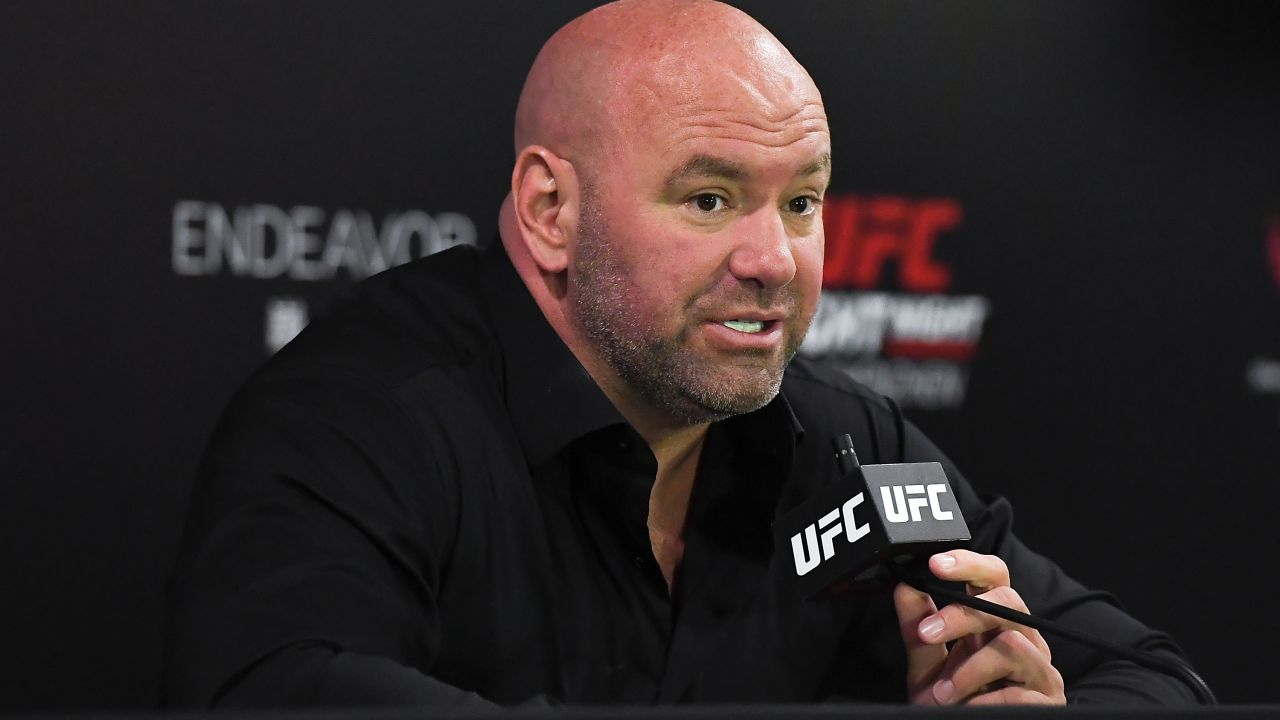 White attends the press conference after the UFC Fight Night event at Shenzhen Universiade Sports Centre.