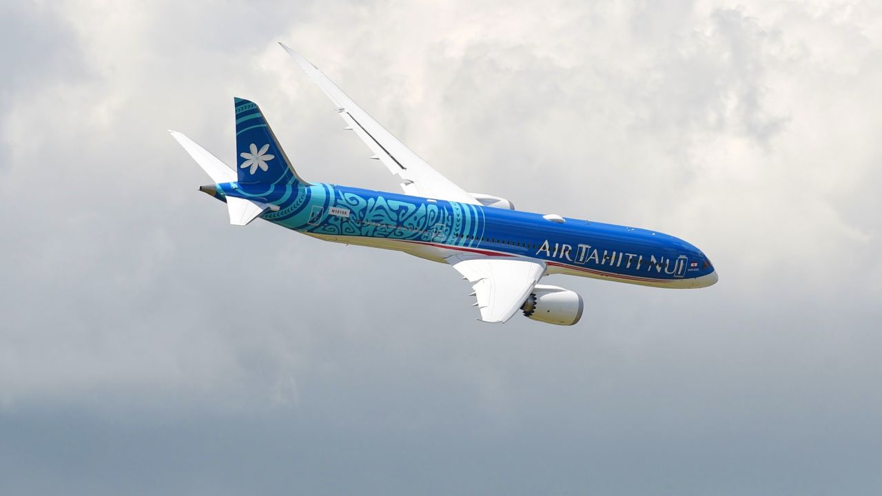 The Air Tahiti Nui flight was operated by a Boeing 787-9, like this one, which was photographed at the International Paris Air Show on June 17, 2019 at Le Bourget Airport, near Paris. 
