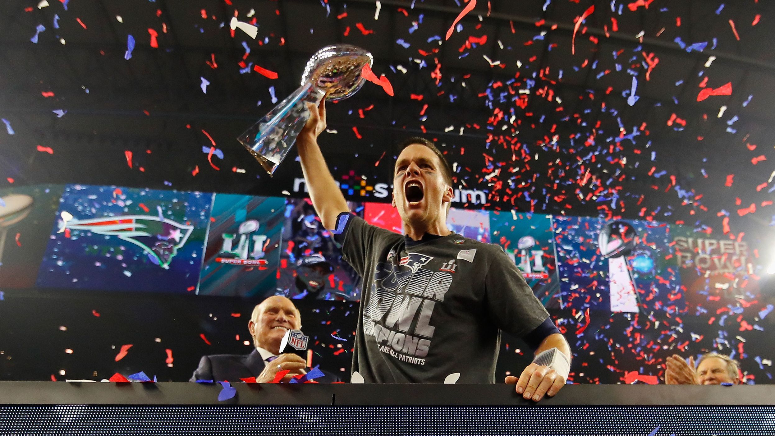 Brady raises the Vince Lombardi Trophy after leading the Patriots to their fifth Super Bowl victory in 2017. The Patriots were trailing 28-3 before pulling off the biggest Super Bowl comeback ever and winning in overtime.