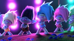 (third from left) Branch (Justin Timberlake) with K-Pop Trolls (Red Velvet) in DreamWorks Animation's "Trolls World Tour," directed by Walt Dohrn.