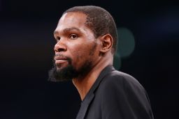 Kevin Durant looks on during a game at the Staples Center on March 10, 2020 in Los Angeles.