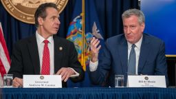 New York state Gov. Andrew Cuomo and New York City Mayor Bill DeBlasio speak during a news conference on the first confirmed case of COVID-19 in New York on March 2, 2020 in New York City.  (Photo by David Dee Delgado/Getty Images)