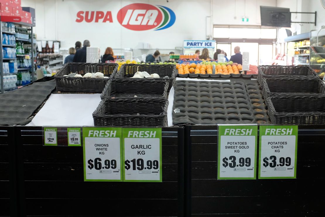 Grocery store shelves are seen with low stock  on March 16 in Melbourne, Australia.