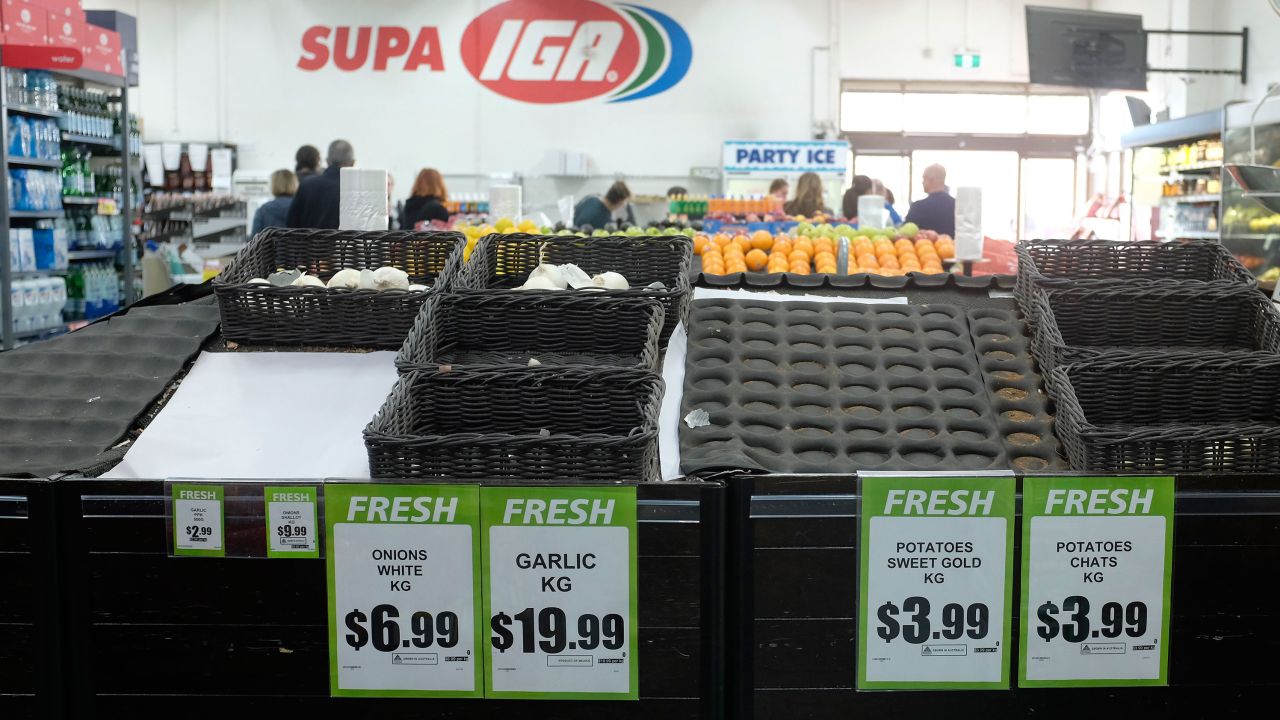 Grocery store shelves are seen with low stock  on March 16 in Melbourne, Australia.