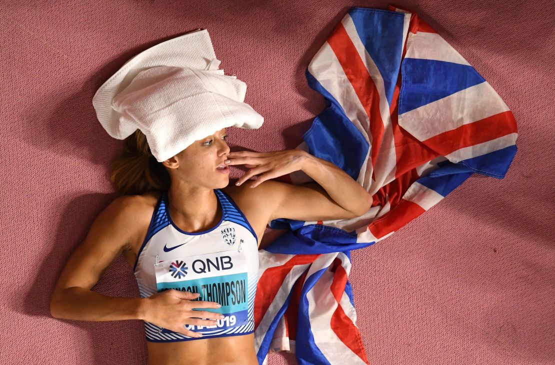 Johnson-Thompson celebrates after winning gold at the World Athletics Championships in Doha last year.