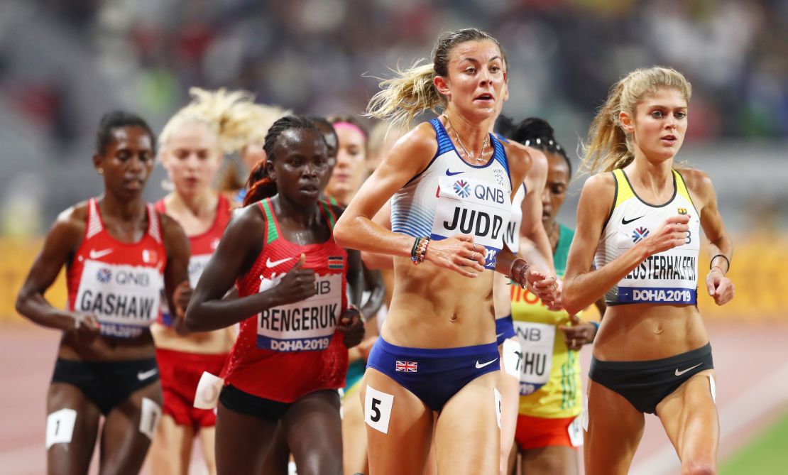 Jessica Judd competes in the 5000 meters heats during the World Athletics Championships.