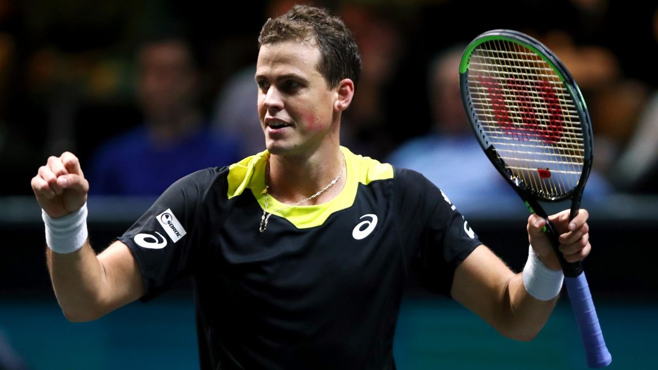 Vasek Pospisil celebrates victory against Daniil Medvedev in Roterdam, Netherlands, earlier this year.