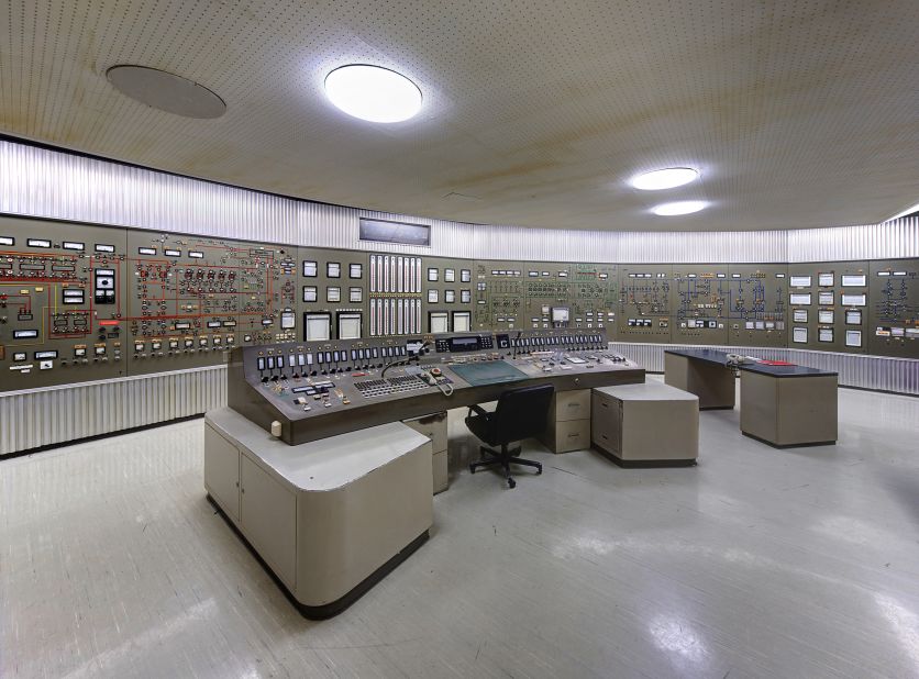 Inside the aluminum-paneled control room of the disused FR2 research reactor at the Karlsruhe Institute of Technology.