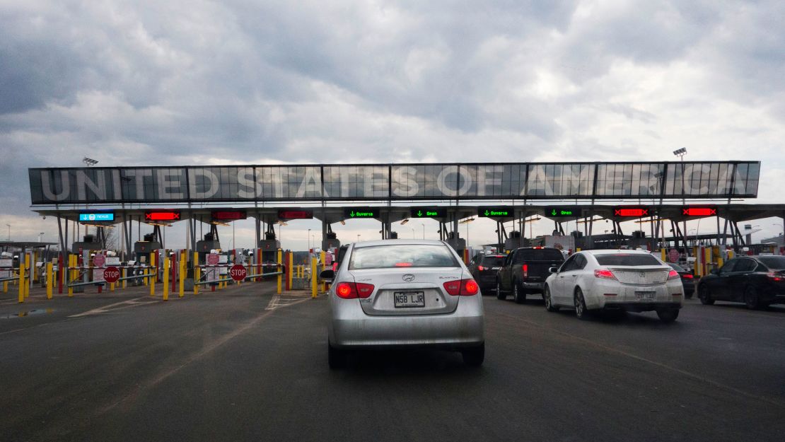 Cars usually line up to cross into the US at the US/Canada border at Saint-Bernard-de-Lacolle, Quebec.