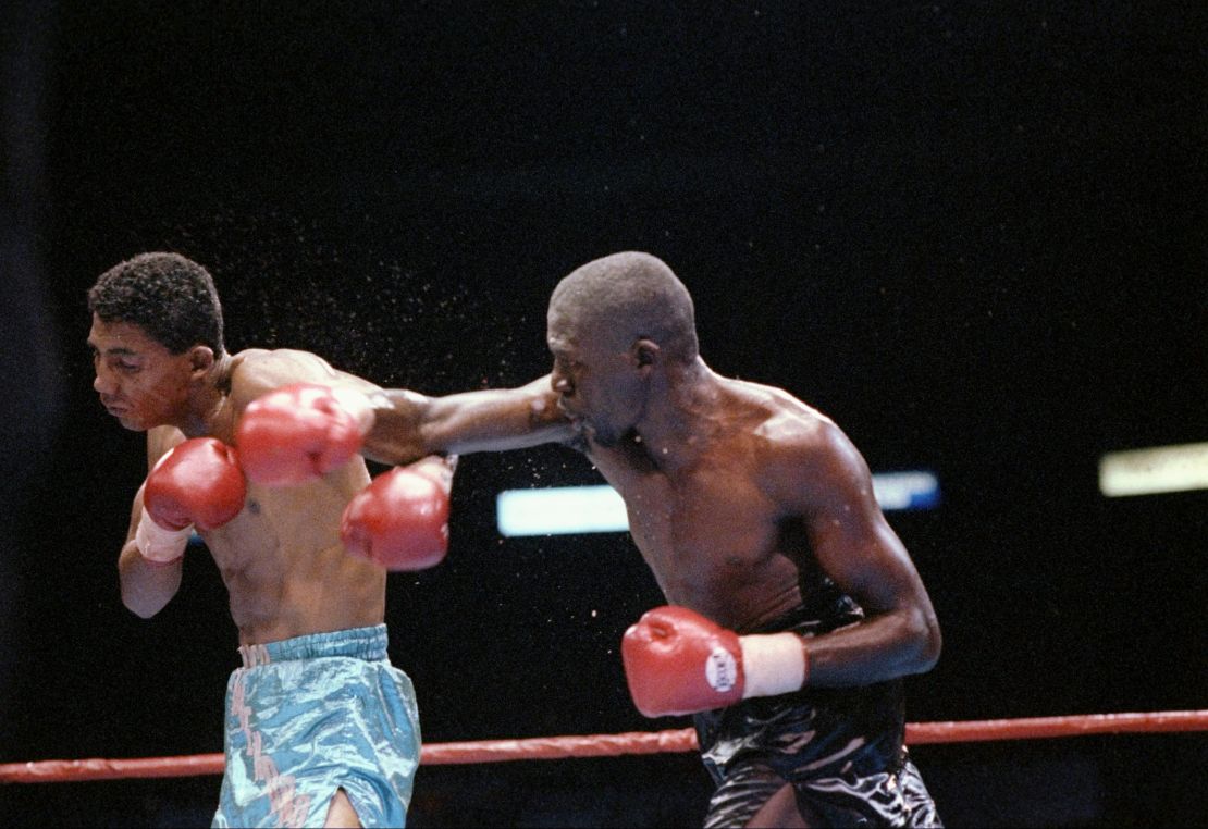 Mayweather (right) and Fidel Avendano trade blows during a bout.