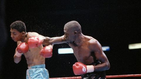Mayweather (right) and Fidel Avendano trade blows during a bout.