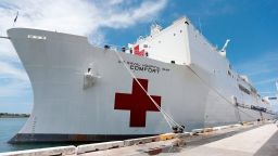 The US Naval Hospital Ship Comfort sits docked at the Port of Miami in Miami, Florida on June 18, 2019.