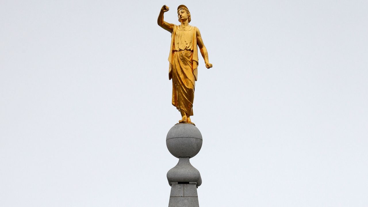 The Angel Moroni statue atop the Salt Lake Temple of the Church of Jesus Christ of Latter-day Saints lost his trumpet in an earthquake Wednesday.