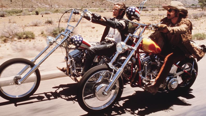 <strong>"Easy Rider":</strong> Peter Fonda (left) and Dennis Hopper roar out of the Southwestern desert toward a date with destiny in Louisiana in the road trip movie "Easy Rider."
