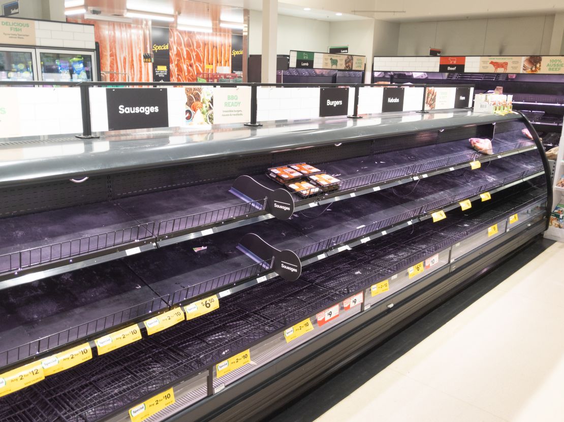 Empty meat product shelves in an Australian supermarket after panic buying due to the COVID-19 Coronavirus.