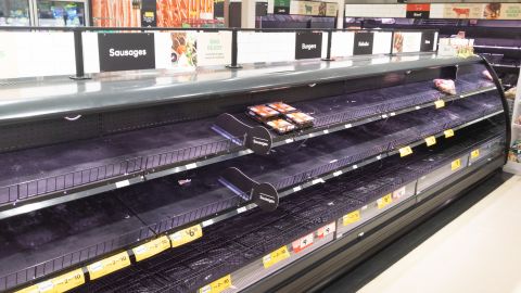 Empty meat product shelves in an Australian supermarket after panic buying due to the COVID-19 Coronavirus.