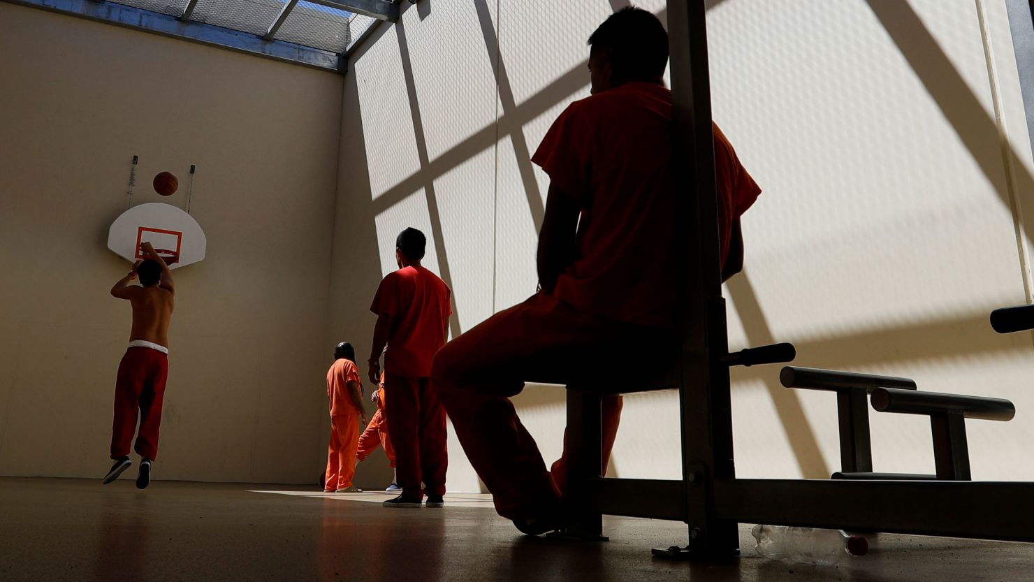 Detainees exercise at the Adelanto ICE processing center in Adelanto, California., in 2019.
