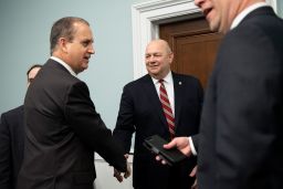 UNITED STATES - MARCH 11: FAA Administrator Steve Dickson, center, shakes hands with Ranking member Mario Diaz-Balart, R-Fla., before the start of a House Appropriations Subcommittee on Transportation, Housing and Urban Development, and Related Agencies hearing on "Federal Aviation Administration (FAA) Budget Request for FY2021" in Washington on Wednesday, March 11, 2020. (Photo by Caroline Brehman/CQ Roll Call via AP Images)