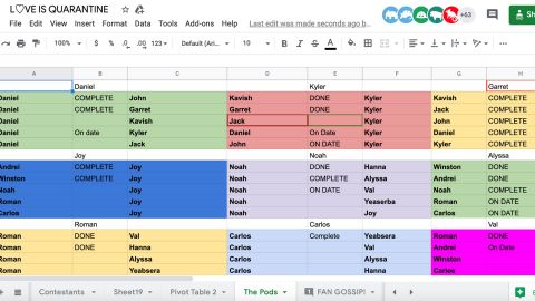 Participants on "Love Is Quarantine" are placed in virtual pods on Google Sheets.