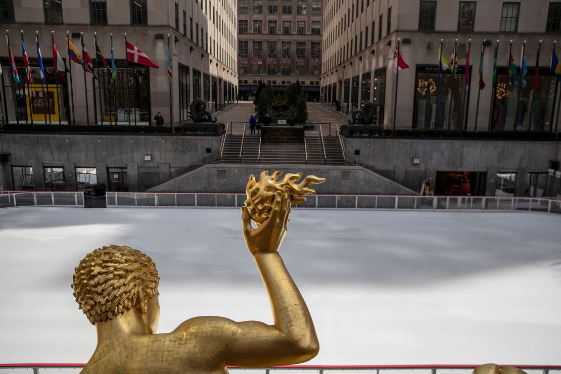 The ice skating rink at Rockefeller Center is empty as it sits closed in the wake of the coronavirus outbreak.