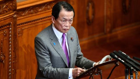Taro Aso addresses parliament earlier this month. 