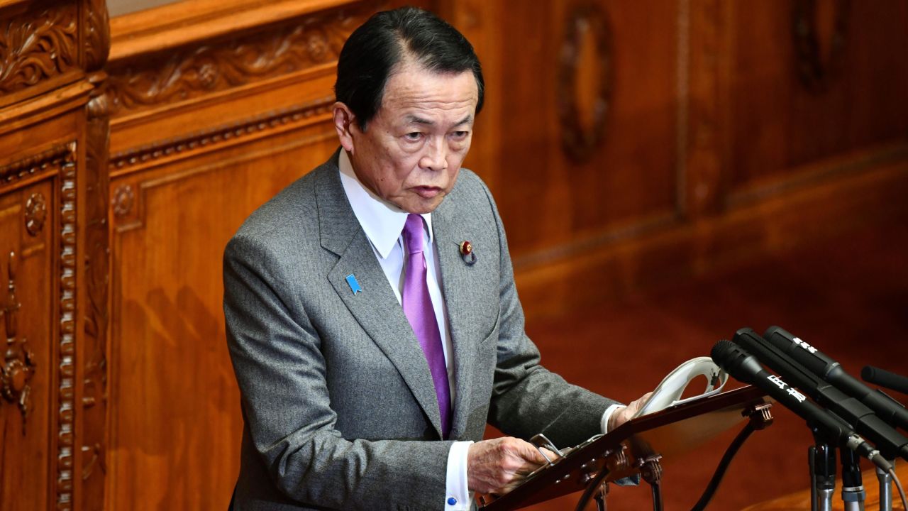 Taro Aso addresses parliament earlier this month.