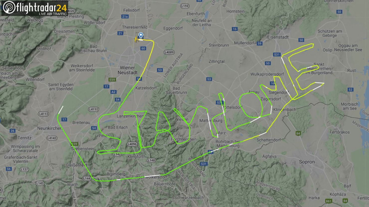 A pilot in Austria sent a message to the world on flight radar.