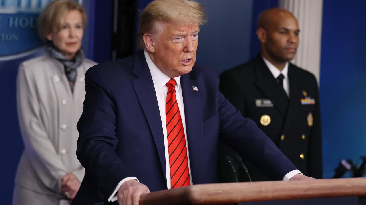 President Donald Trump speaks speaks on the latest developments of the coronavirus outbreak, while flanked by White House coronavirus response coordinator Debbie Birx (L), and U.S. Surgeon General Jerome Adams (R), in the James Brady Press Briefing Room at the White House March 19, 2020 in Washington, DC.