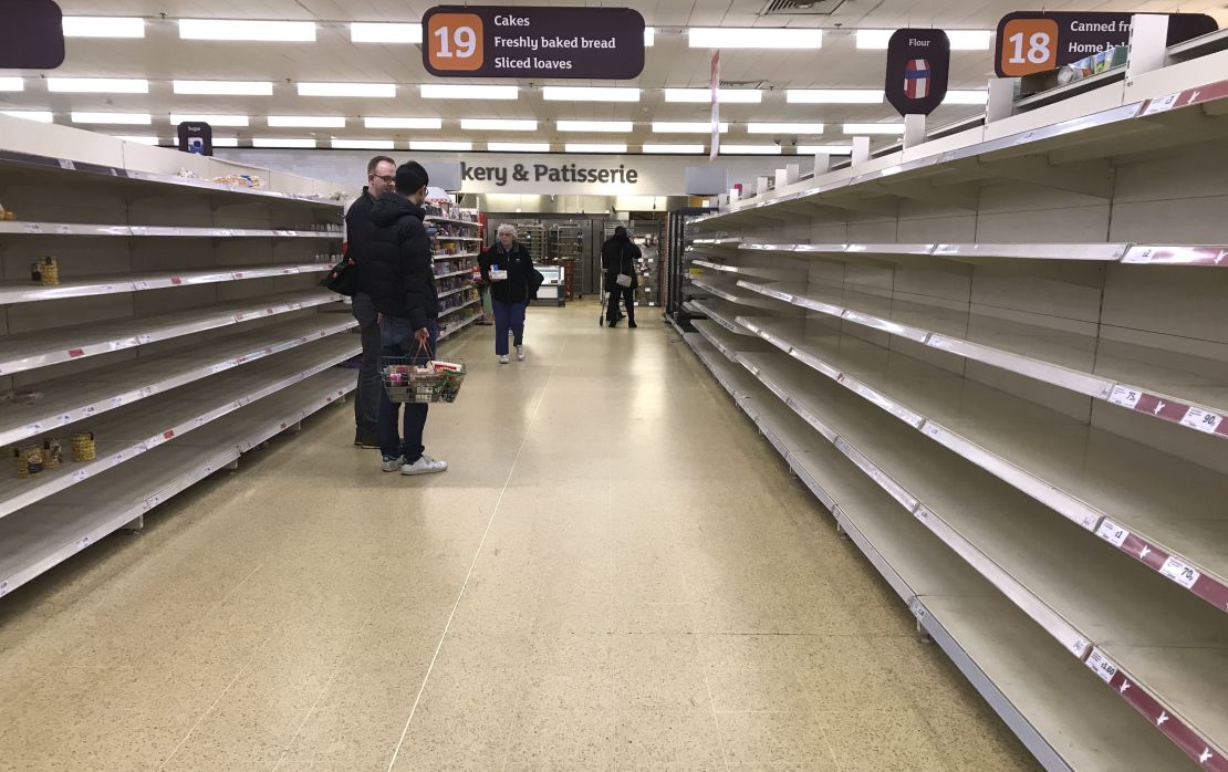 Empty shelves where the bread should be in a supermarket in London.