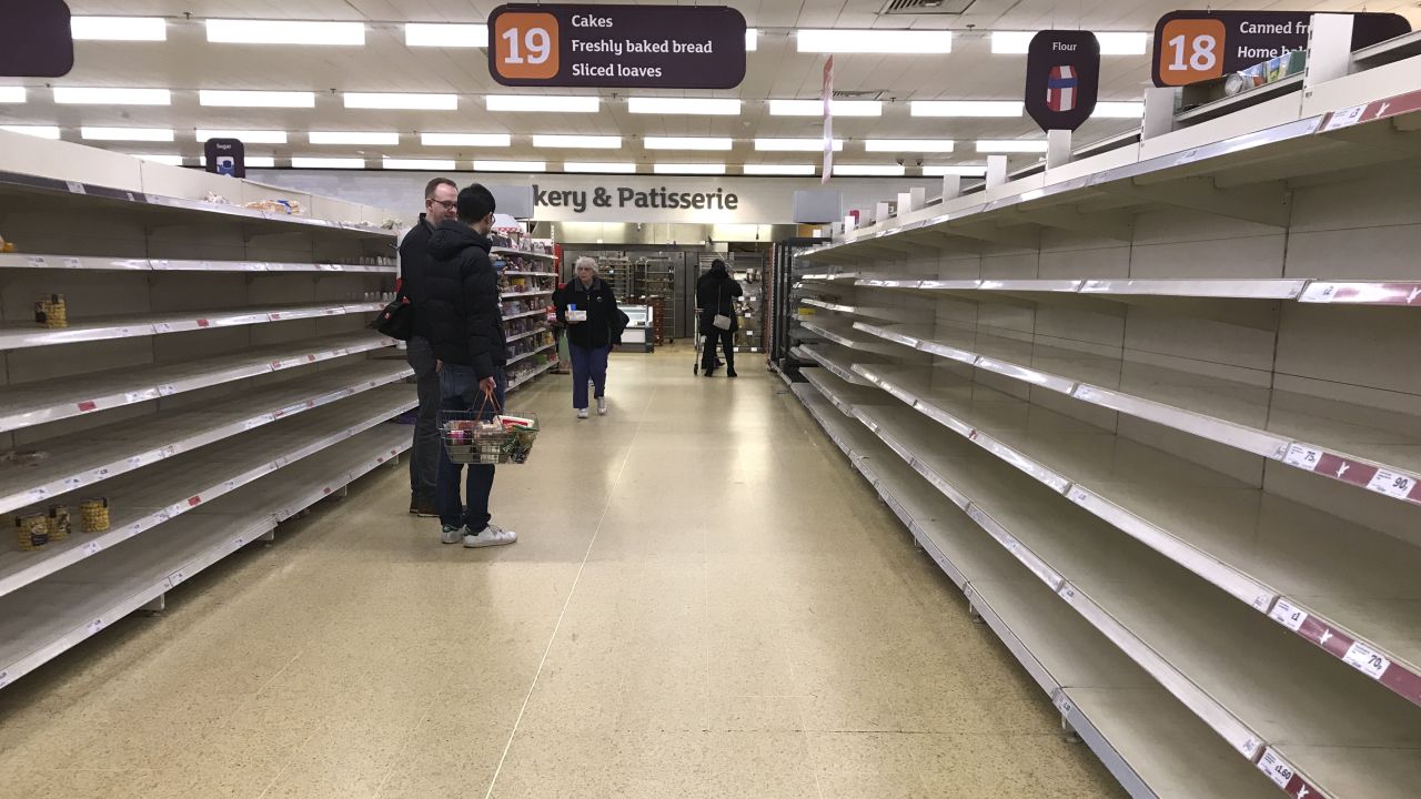 Empty shelves where the bread should be in a supermarket in London.