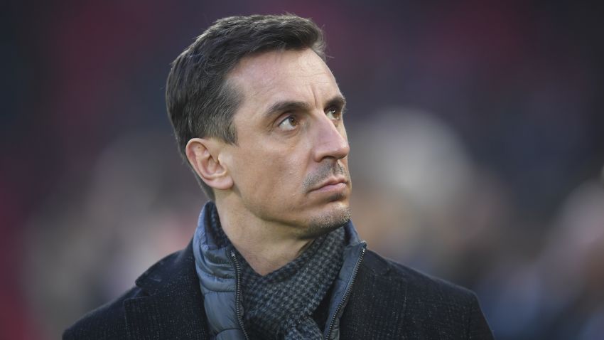 LIVERPOOL, ENGLAND - JANUARY 19: Sky Sports pundit Gary Neville looks on during the Premier League match between Liverpool FC and Manchester United at Anfield on January 19, 2020 in Liverpool, United Kingdom. (Photo by Michael Regan/Getty Images)