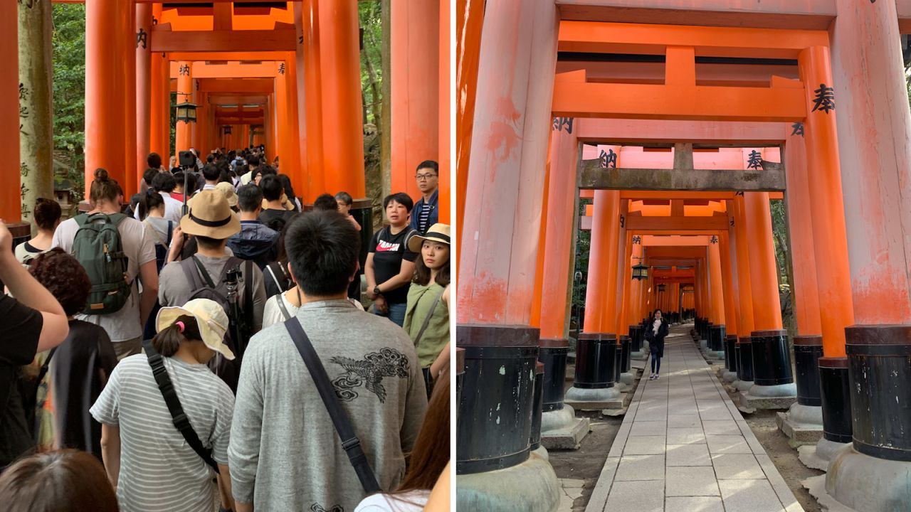 Kyoto's Fushimi Inari Shrine. Photo on the left taken in June, 2019. Image on the right taken in February, 2020.