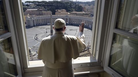 The Pope delivers his blessing from inside the Apostolic Library at the Vatican on March 15.