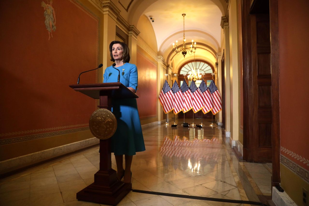 House Speaker Nancy Pelosi delivers a statement at the US Capitol on Friday, March 13. She was speaking about a deal that had just been reached on a coronavirus response bill.
