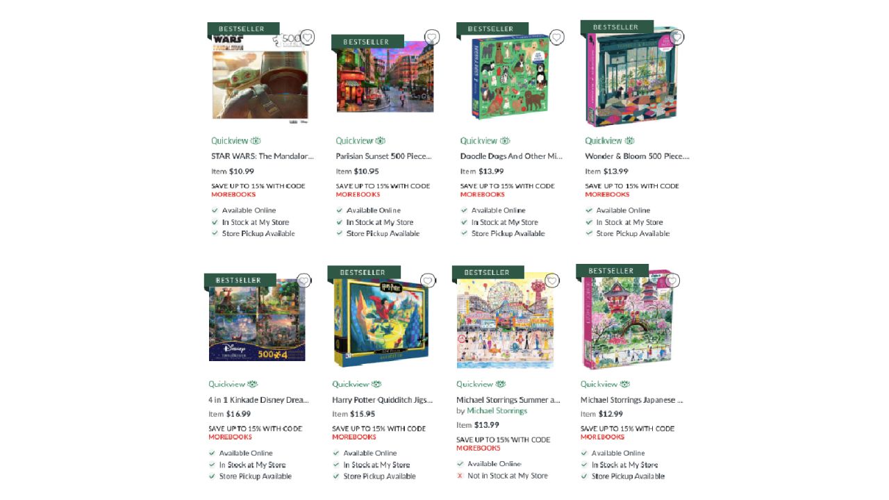 A selection of popular puzzles from Barnes & Noble shows trendy themes, like Baby Yoda. 