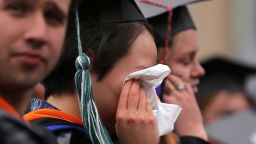 NEEDHAM, MA - MARCH 12: Emotions run high at the Olin College of Engineering "Fauxmencement" for senior students on March 12, 2020, two months early, held because of coronavirus fears in Needham, MA. (Photo by John Tlumacki/The Boston Globe via Getty Images)