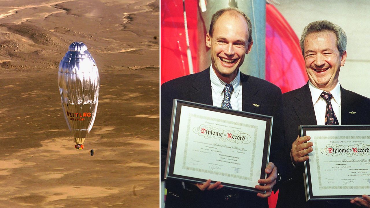 Left: The Breitling Orbiter III balloon flies over the dunes of the desert of western Egypt, March 21 1999 before landing after its round the world flight. Right: Bertrand Piccard and Brian Jones hold certificates honoring their historic balloon flight during ceremonies at the Smithsonian National Air and Space Museum in Washington, DC.
