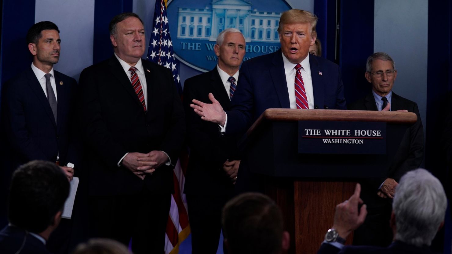 President Donald Trump responds to a question during a coronavirus task force briefing at the White House, on March 20, 2020, in Washington, DC.