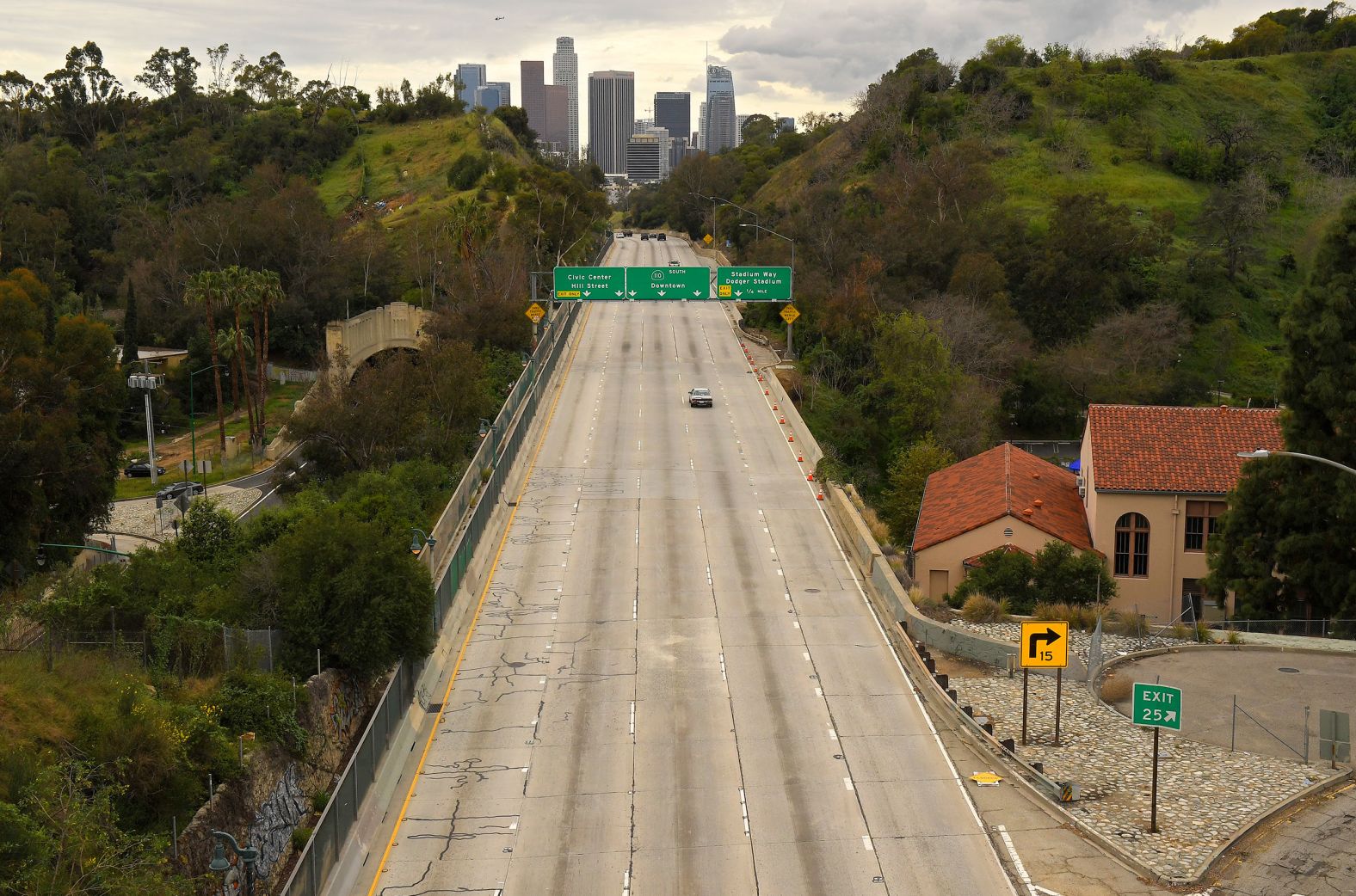 Light traffic moves along a freeway in downtown Los Angeles on March 20.