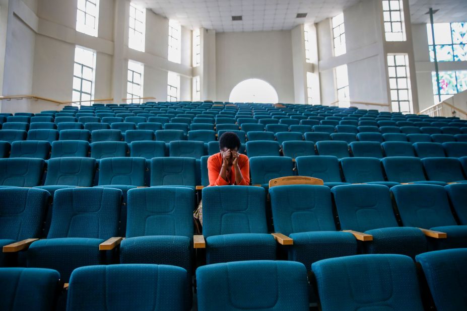 A woman attends a Sunday service at the Nairobi Baptist Church in Nairobi, Kenya, on March 22, 2020. The service was streamed live on the internet.
