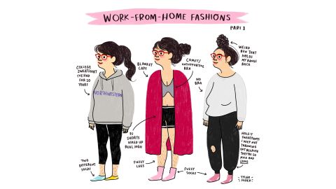 "My favorite look is the one I wear the most: old sweatpants, cozy sweatshirt with no bra, and weird bun.  I've accomplished a lot in those sweatpants!" says illustrator Tyler Feder.