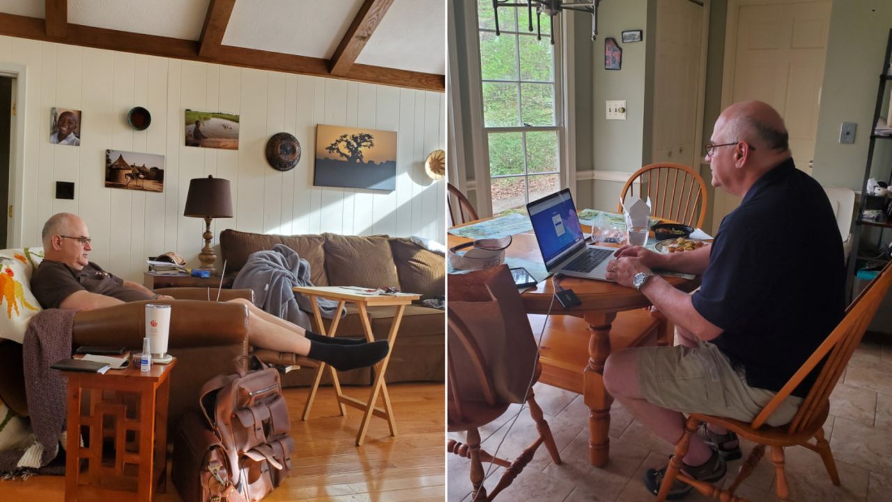 Dorie Griggs of Roswell, Georgia, snapped these photos of her husband, a photographer, who edits from home. "Stanley's afternoon attire went upscale for a virtual meeting/dinner conference," Griggs joked.